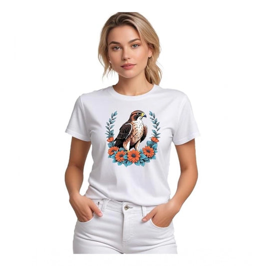 Indoraa Women's Polyester Solid Printed Round Neck Half Sleeve T-shirt (White)