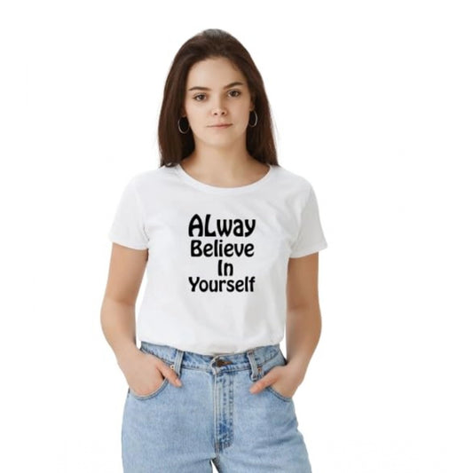 Indoraa Women's Polyester Solid Printed Round Neck Half Sleeve T-shirt (White)