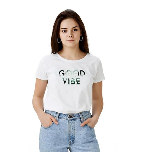 Indoraa Women's Polyester Solid Printed Round Neck Half Sleeve T-shirt (White)