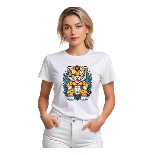 Indoraa Women's Polyester Solid Printed Round Neck Half Sleeve T-shirt (White)