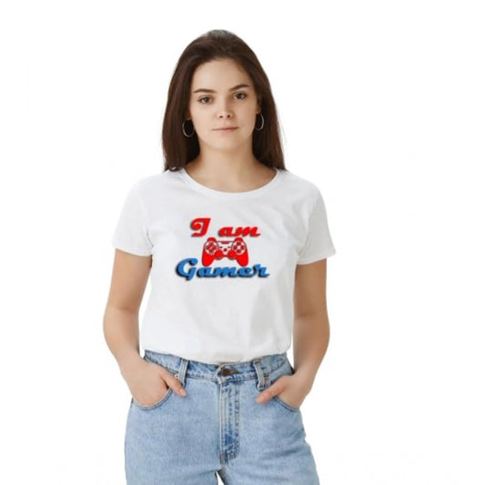 Indoraa Women's Polyester Solid Printed Round Neck Half Sleeve T-shirt (White)