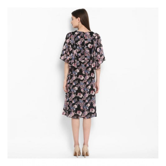 Indoraa Women's Polyester Floral Short Sleeve Knee-Length Dress (Black - Multicolor)