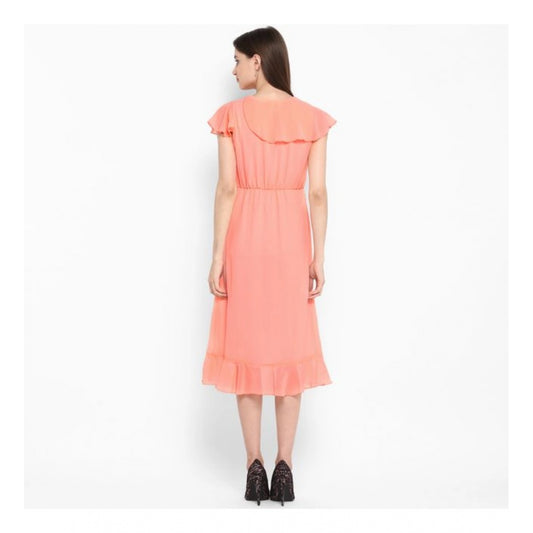 Indoraa Women's Polyester Ruffled Cap Sleeve Below Knee Dress (Neon Pink)