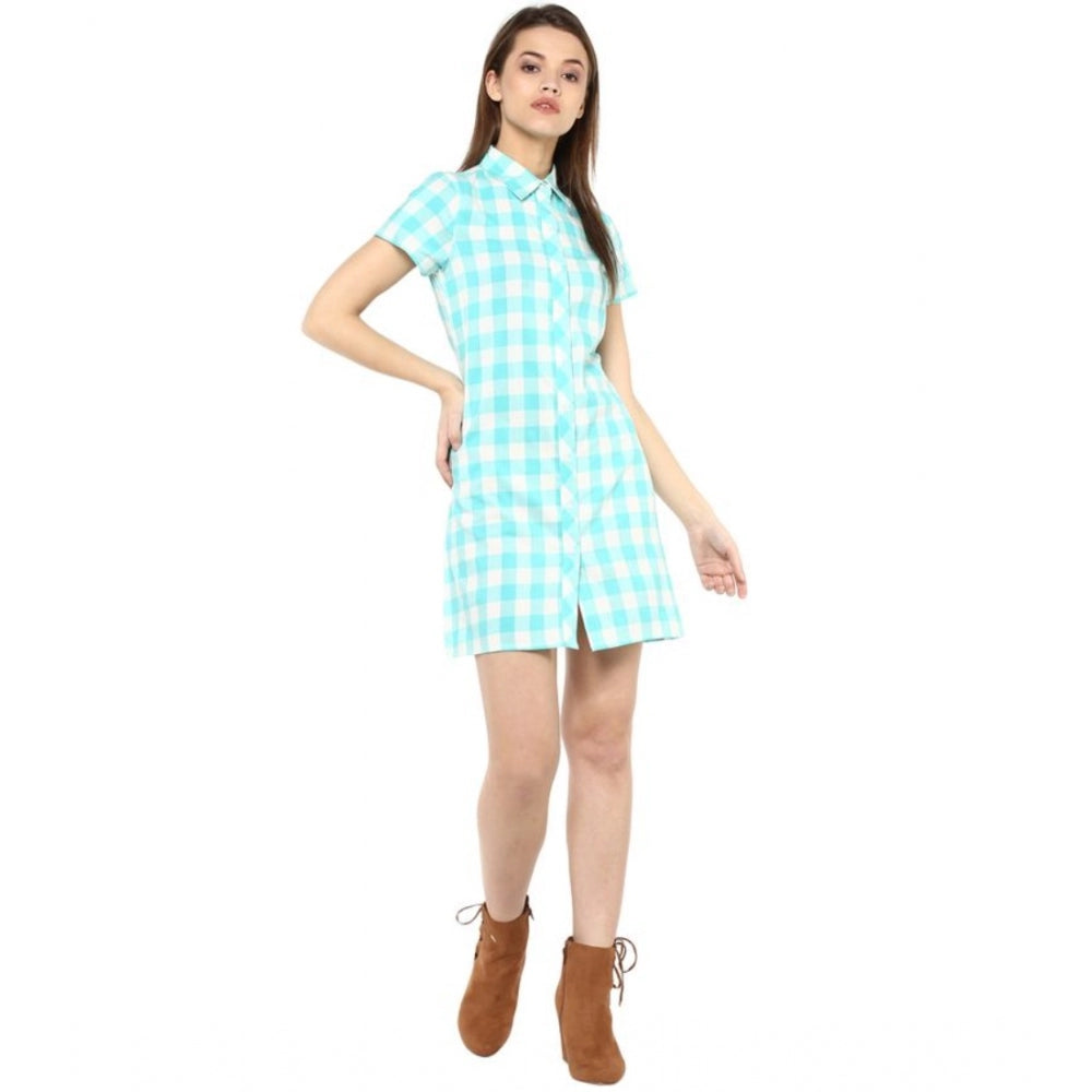 Indoraa Women's Rayon Checkered Short Sleeve Above Knee Dress (SkuBlue - White)