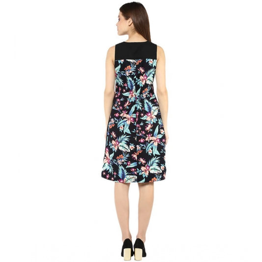Indoraa Women's Polyester Printed Sleeveless Above Knee Dress (Black - Multicolor)