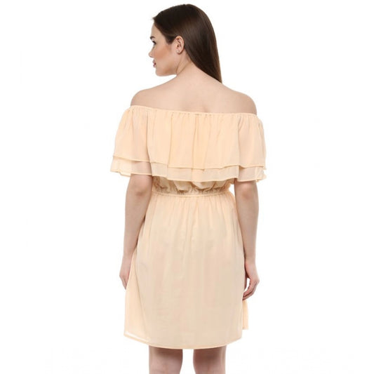 Indoraa Women's Polyester Solid Sleeveless Knee-Length Dress (Beige)