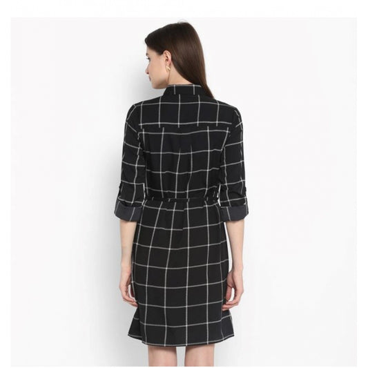 Indoraa Women's Polyester Checkered Roll Up Sleeve Above Knee Dress (Black - White)