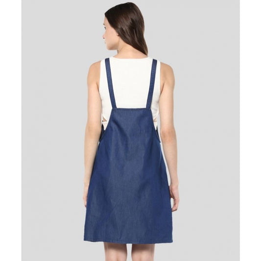 Indoraa Women's Denim Solid Shoulder Straps Above Knee Dress (Blue)