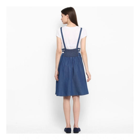 Indoraa Women's Denim Solid Shoulder Straps Below Knee Dress (Blue)
