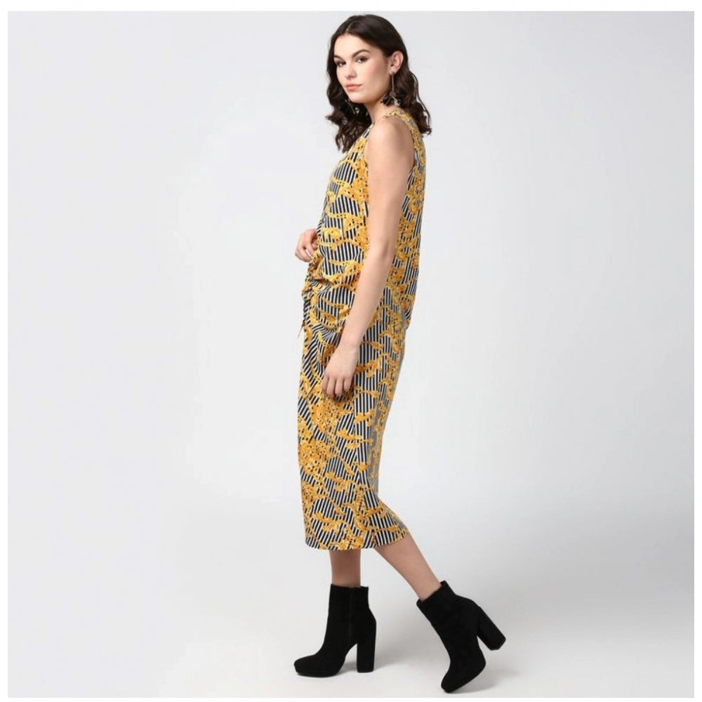 Indoraa Women's Polyester Chain Print Sleeveless Below Knee Dress (Yellow - Black)