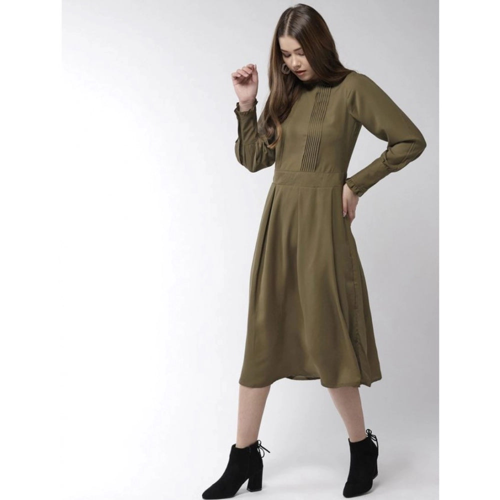 Indoraa Women's Polyester Pintuck Long Sleeves Below Knee Dress (Olive)