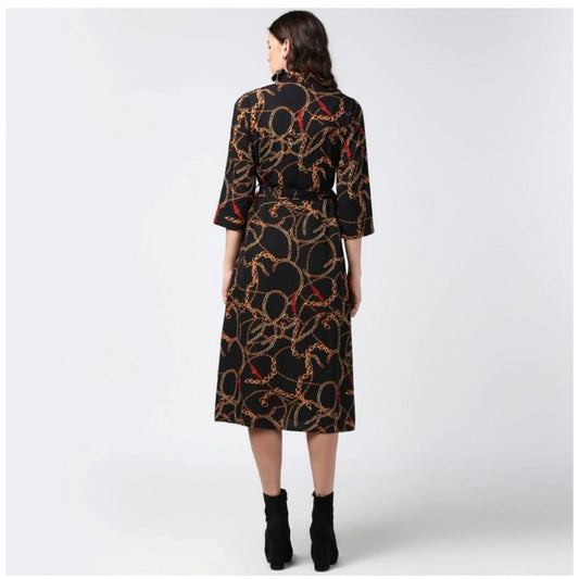 Indoraa Women's Polyester Chain Print Roll Up Sleeve Below Knee Dress (Black - Yellow)