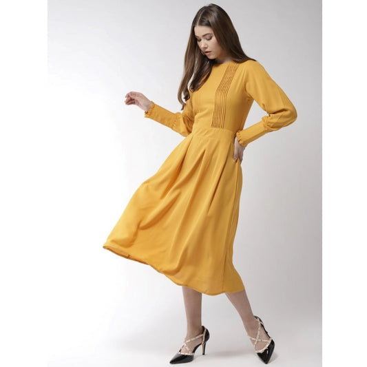 Indoraa Women's Polyester Pintuck Long Sleeves Below Knee Dress (Yellow)