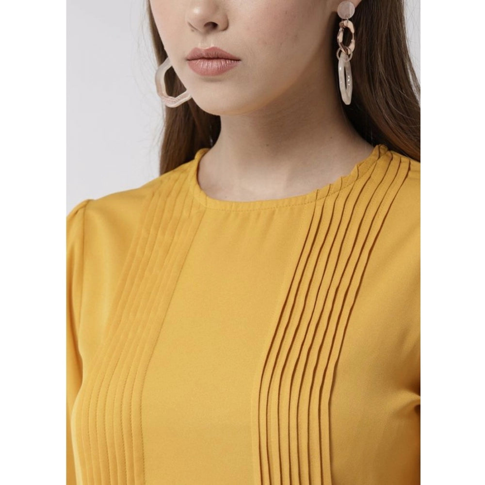 Indoraa Women's Polyester Pintuck Long Sleeves Below Knee Dress (Yellow)