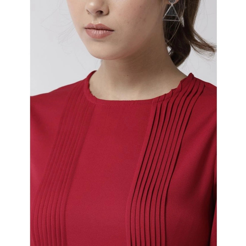 Indoraa Women's Polyester Pintuck Long Sleeves Below Knee Dress (Red)