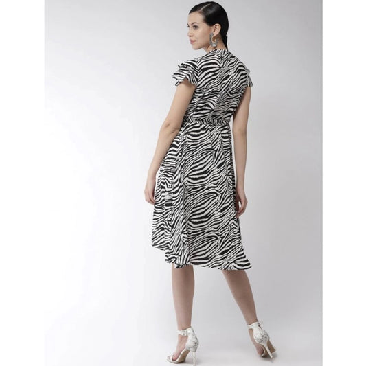 Indoraa Women's Polyester Animal Print Short Sleeve Knee-Length Dress (Black - White)