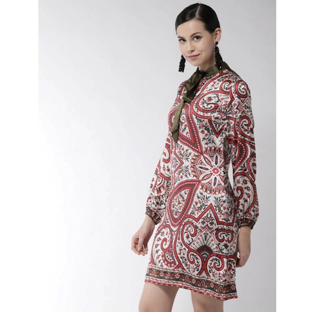Indoraa Women's Polyester Printed Long Sleeves Above Knee Dress (Red)