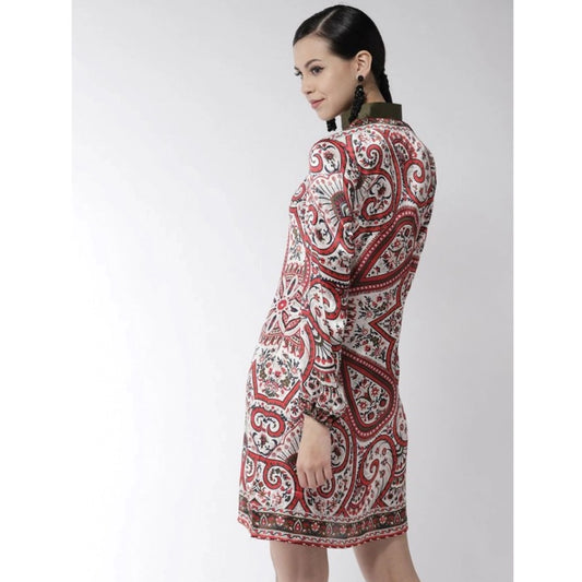 Indoraa Women's Polyester Printed Long Sleeves Above Knee Dress (Red)