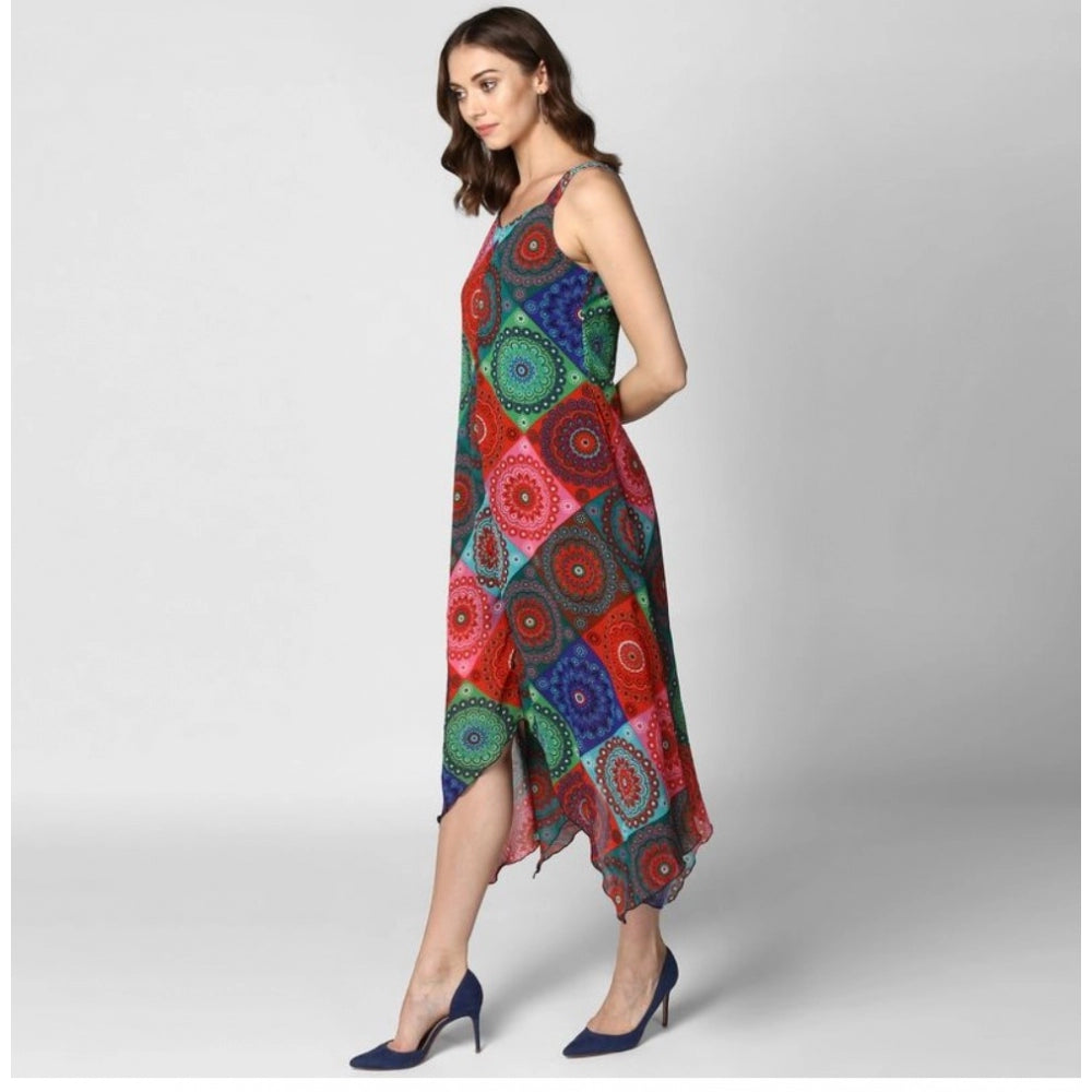 Indoraa Women's Polyester Asymmetrical Shoulder Straps Knee-Length Dress (Multicolor)