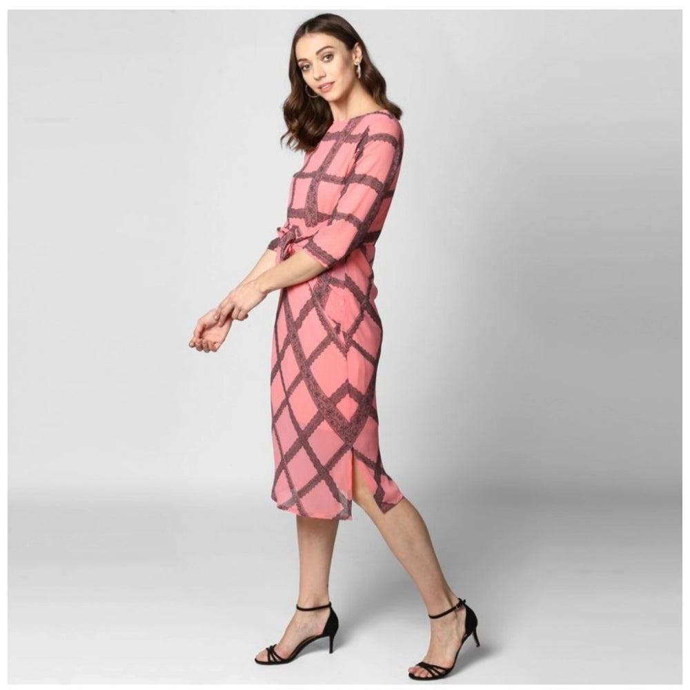 Indoraa Women's Polyester Checkered 3-4th Sleeves Below Knee Dress (Pink - Black)