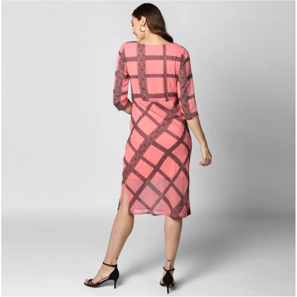 Indoraa Women's Polyester Checkered 3-4th Sleeves Below Knee Dress (Pink - Black)