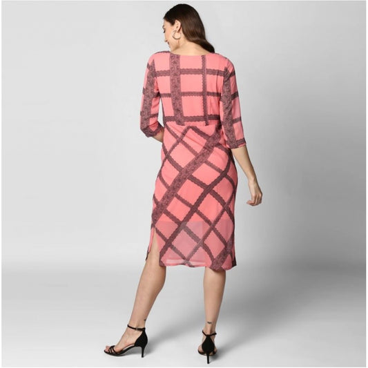 Indoraa Women's Polyester Checkered 3-4th Sleeves Below Knee Dress (Pink - Black)