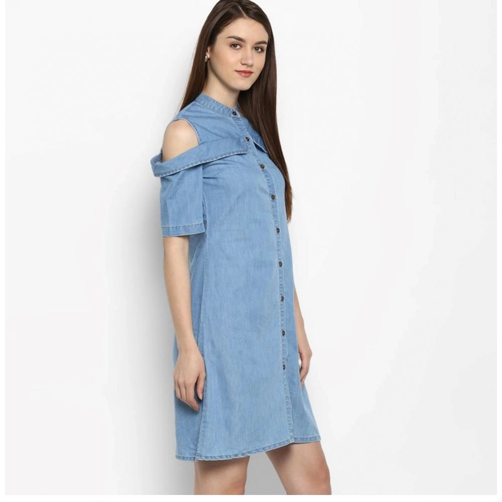 Indoraa Women's Denim Solid Cold Shoulder Above Knee Dress (Blue)