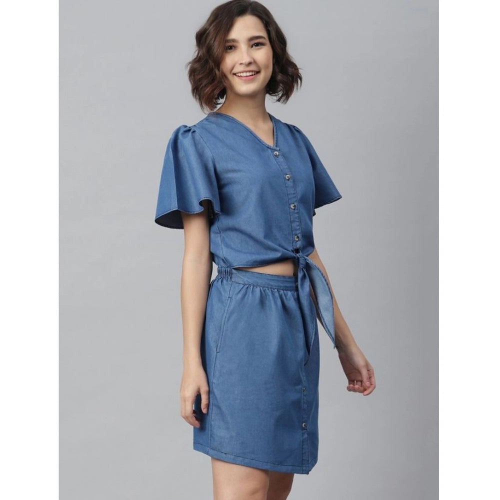 Indoraa Women's Denim Solid Flutter Above Knee Dress (Blue)