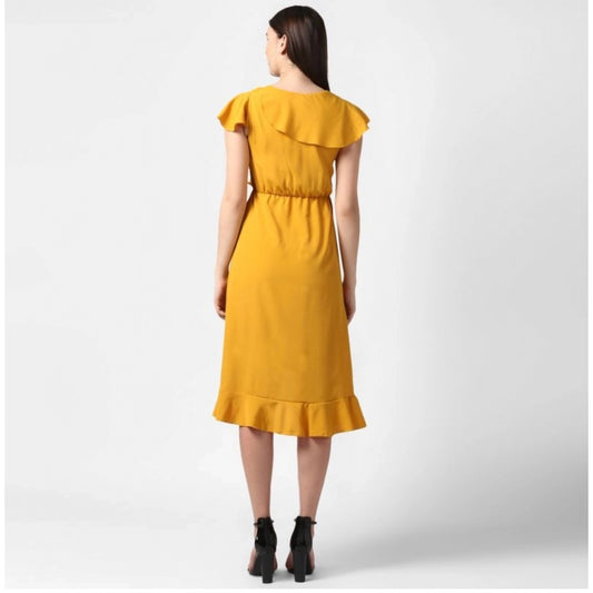 Indoraa Women's Polyester Ruffled Cap Sleeve Knee-Length Dress (Yellow)