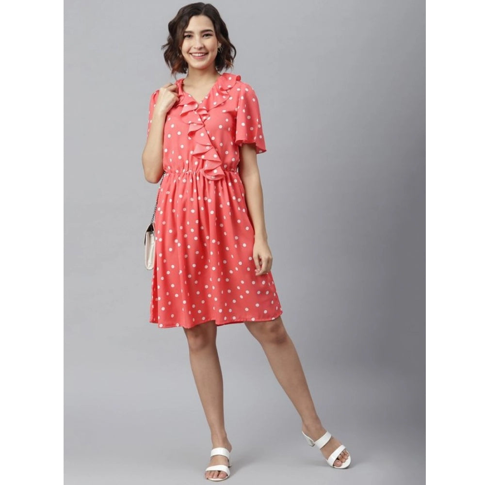 Indoraa Women's Polyester Polka Flutter Above Knee Dress (Coral)