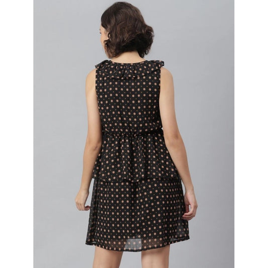 Indoraa Women's Polyester Peplum Sleeveless Above Knee Dress (Black)