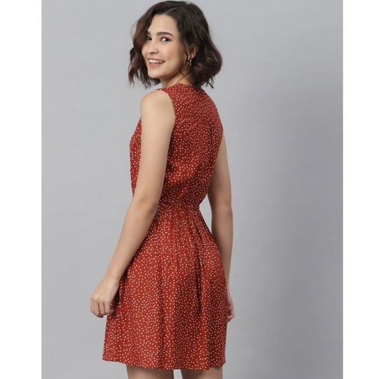 Indoraa Women's Rayon Polka Sleeveless Above Knee Dress (Rust)
