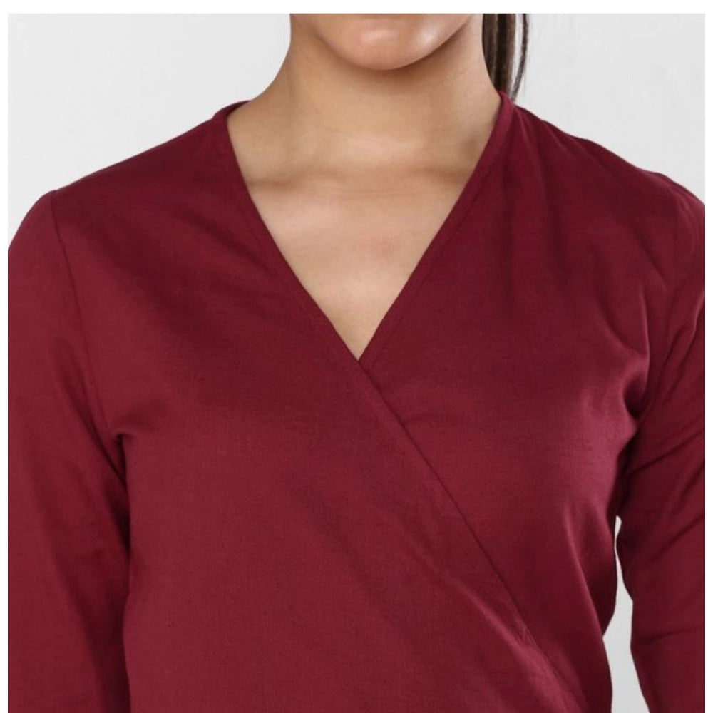 Indoraa Women's Cotton Solid 3-4th Sleeves Above Knee Dress (Maroon)