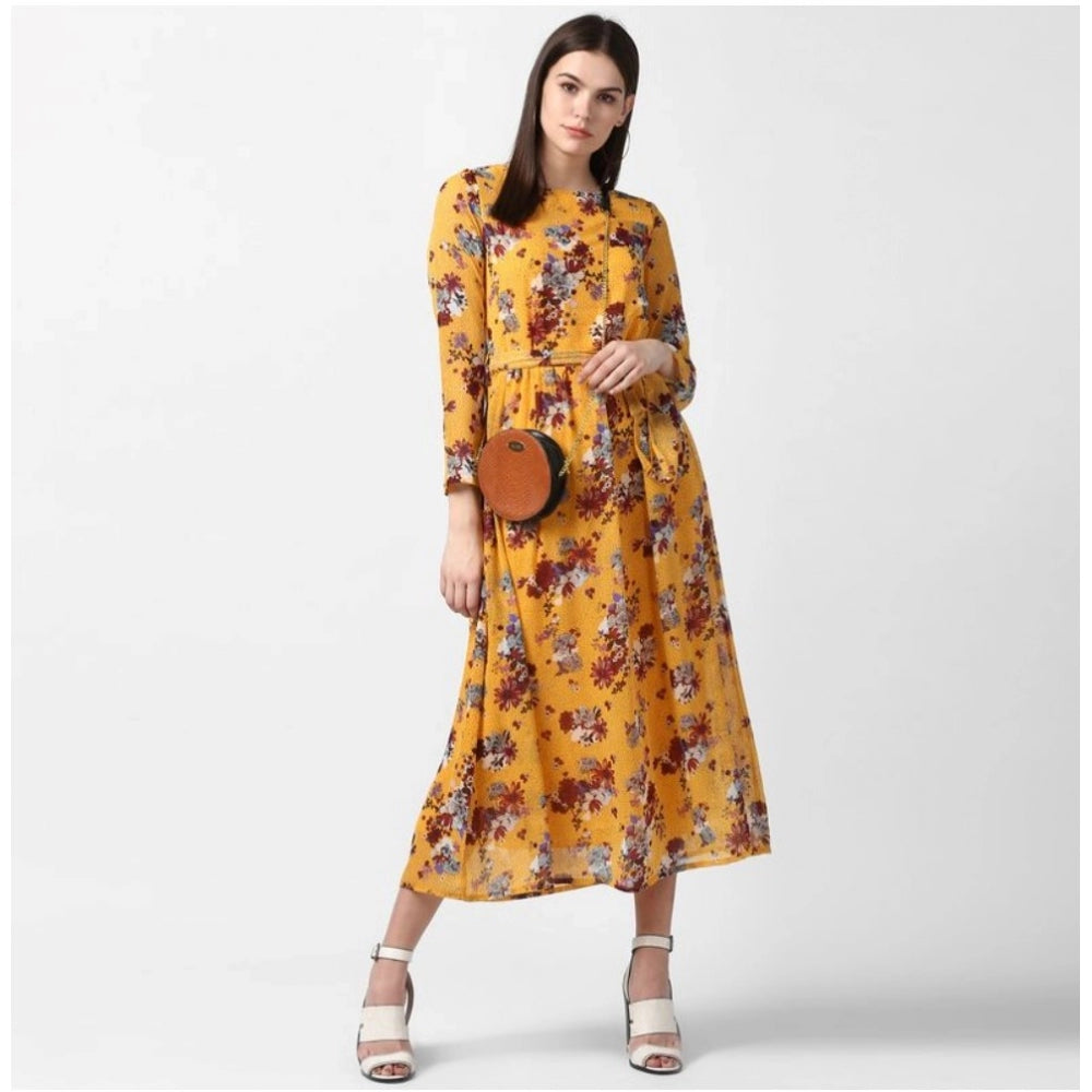Indoraa Women's Polyester Floral Long Sleeves Calf-length Dress (Yellow)
