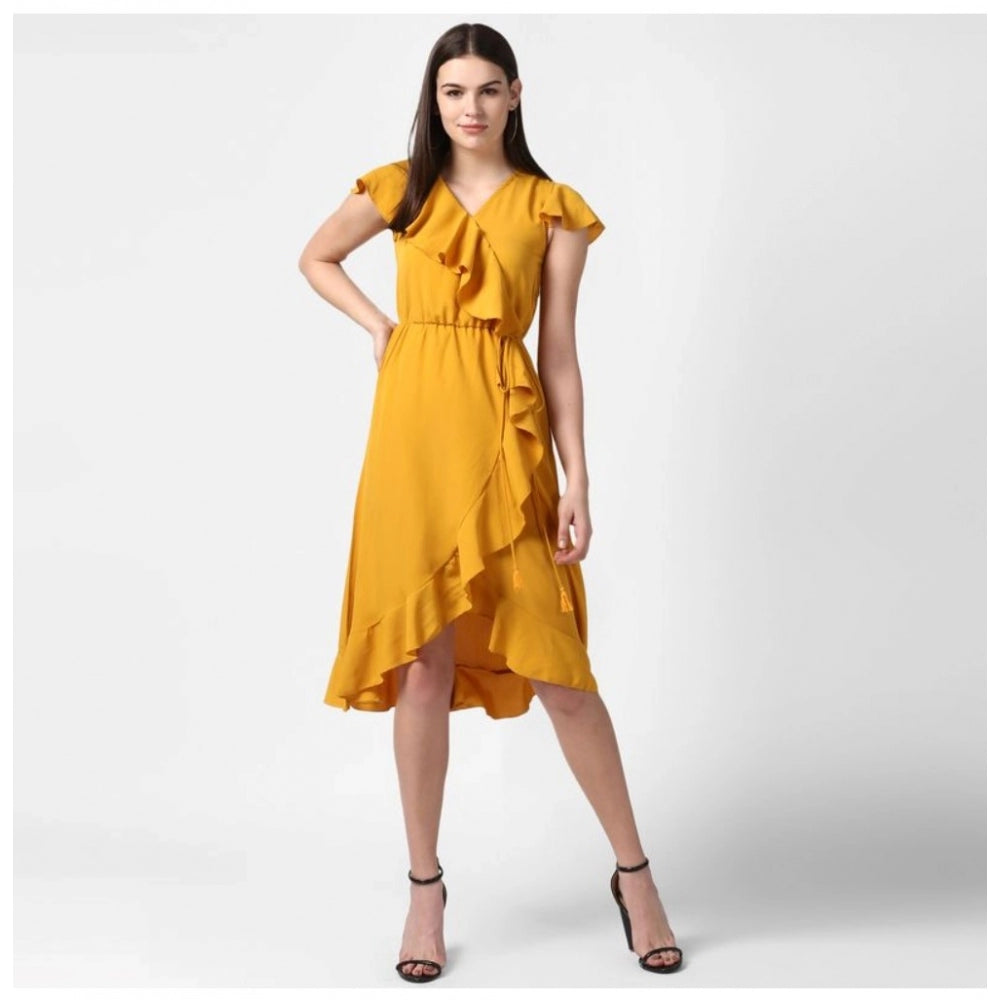 Indoraa Women's Polyester Ruffled Cap Sleeve Knee-Length Dress (Yellow)