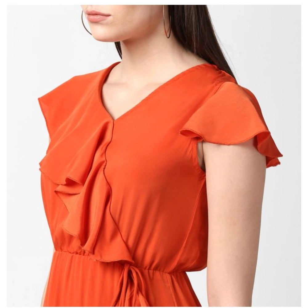 Indoraa Women's Polyester Ruffled Cap Sleeve Knee-Length Dress (Orange)