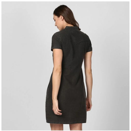 Indoraa Women's Denim Solid Short Sleeve Above Knee Dress (Black)