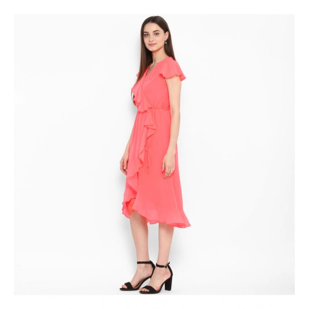 Indoraa Women's Polyester Ruffled Cap Sleeve Below Knee Dress (Coral Pink)