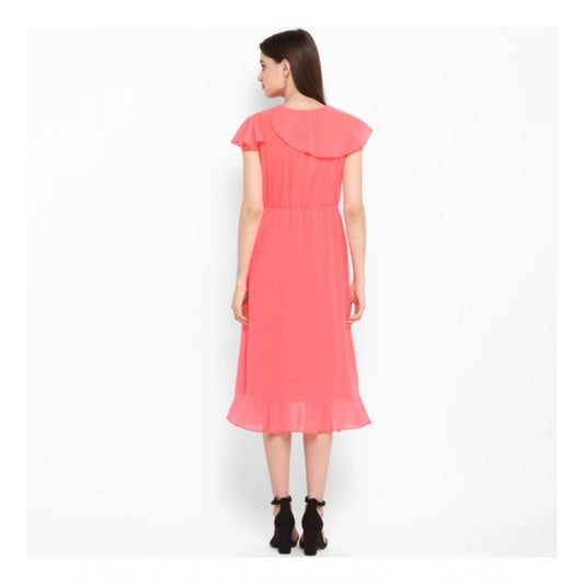 Indoraa Women's Polyester Ruffled Cap Sleeve Below Knee Dress (Coral Pink)