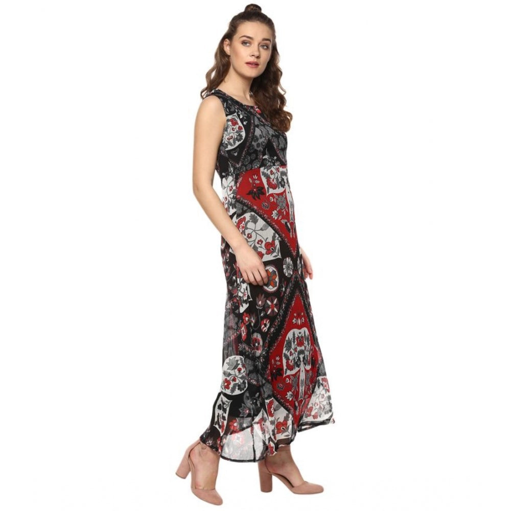 Indoraa Women's Polyester Printed Sleeveless Dress (Red - Black)