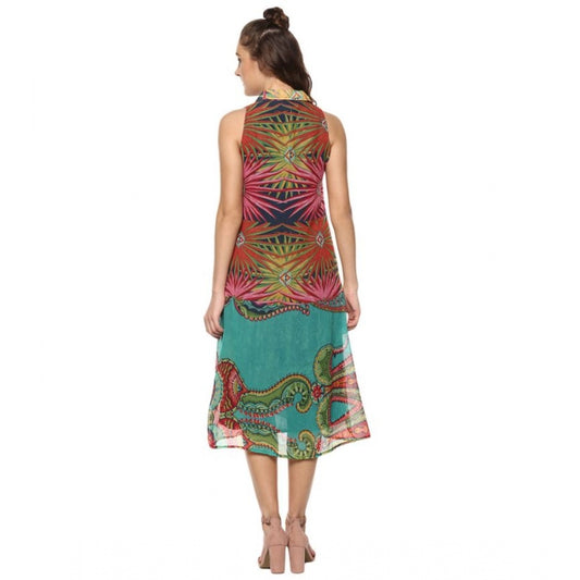 Indoraa Women's Polyester Floral Sleeveless Below Knee Dress (Multicolor)