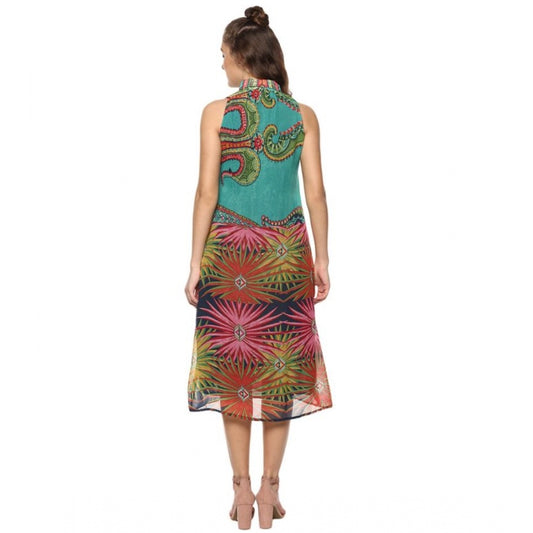Indoraa Women's Polyester Floral Sleeveless Below Knee Dress (Multicolor)
