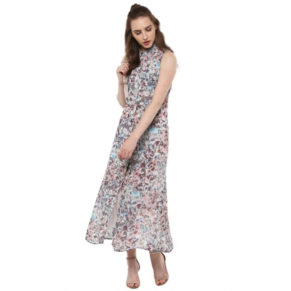 Indoraa Women's Polyester Chiffon Printed Sleeveless Dress (Multicolor)