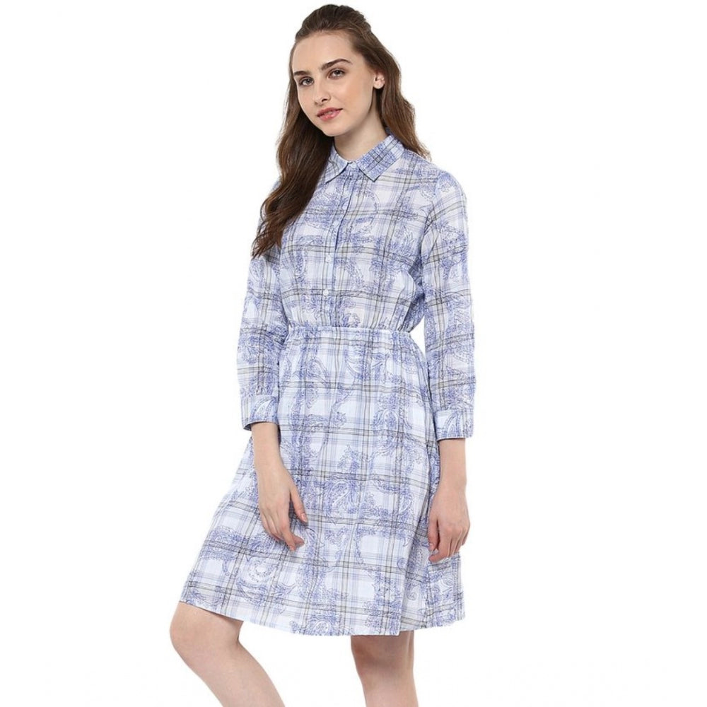 Indoraa Women's Cotton Checkered Roll Up Sleeve Above Knee Dress (Blue)