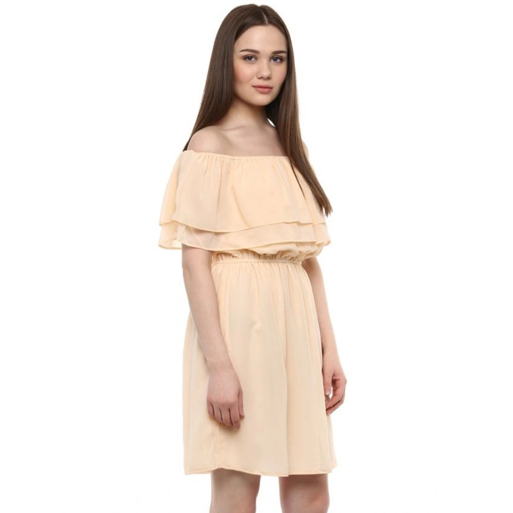 Indoraa Women's Polyester Solid Sleeveless Knee-Length Dress (Beige)