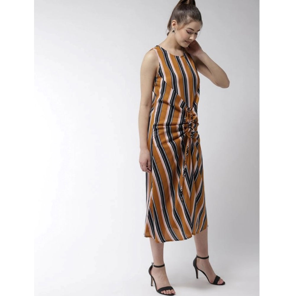 Indoraa Women's Polyester Striped Sleeveless Below Knee Dress (Mustard)