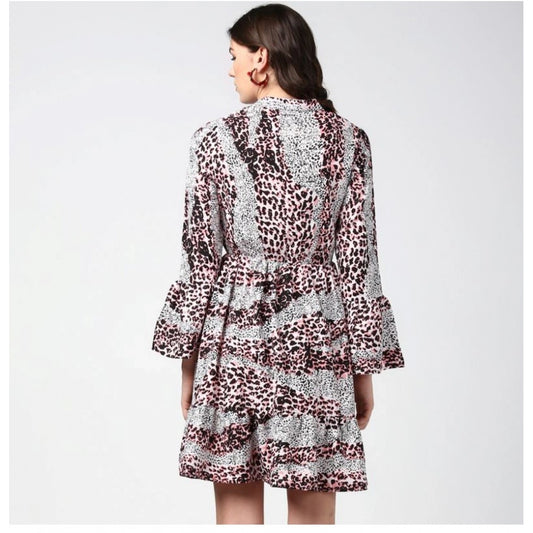 Indoraa Women's Polyester Animal Print Bell Sleeve Above Knee Dress (Pink - Black)