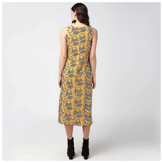 Indoraa Women's Polyester Chain Print Sleeveless Below Knee Dress (Yellow - Black)