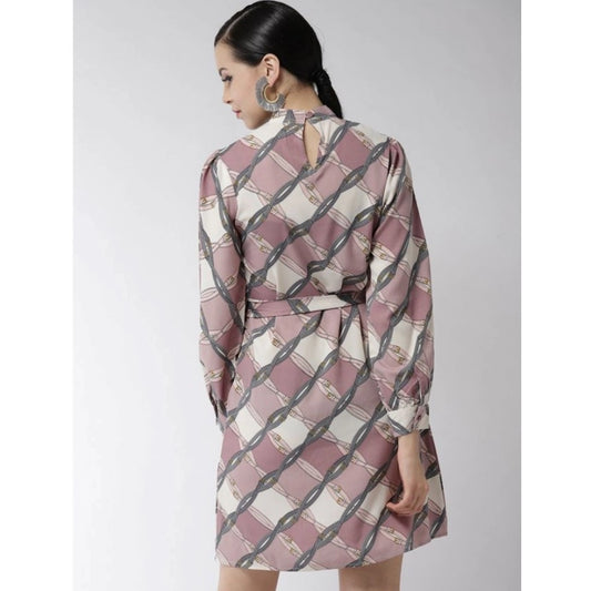Indoraa Women's Polyester Checkered Long Sleeves Above Knee Dress (Off White - Lavender)