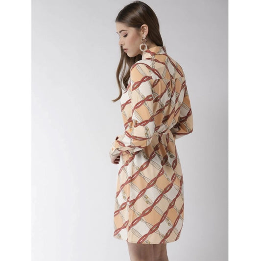 Indoraa Women's Polyester Printed Roll Up Sleeve Above Knee Dress (Off White - Brown)
